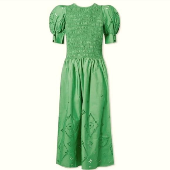 Ganni Backless Shereed Broderie Anglese Kelly Green Smocked Eyelet Midi Dress - Picture 4 of 13